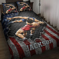 Wrestling quilt bedding set displayed on a bed with grappling artwork in black, red, blue, and gray