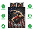 Wrestling quilt bedding set shown with grappling artwork and product feature icons on a white background