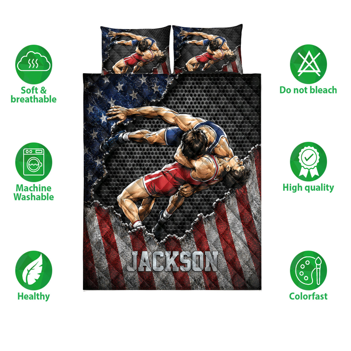 Wrestling quilt bedding set shown with grappling artwork and product feature icons on a white background