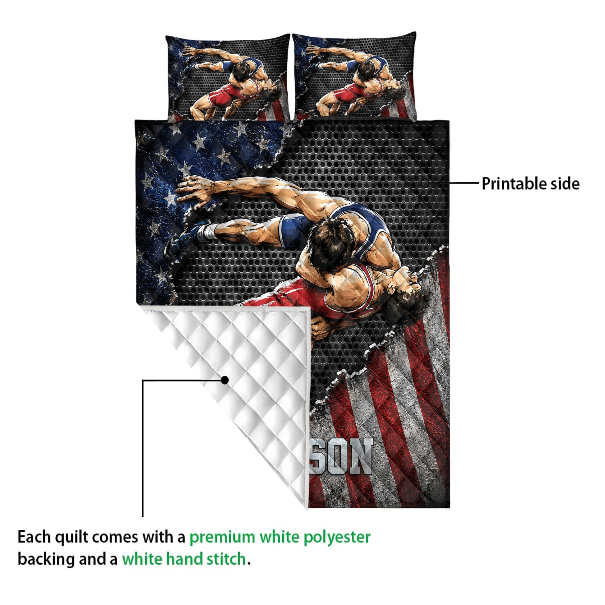 Wrestling quilt showing a vivid grappling design, printed side, and quilted white backing detail