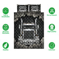 Black trucker quilt bedding set with front-facing semi truck artwork and feature callouts