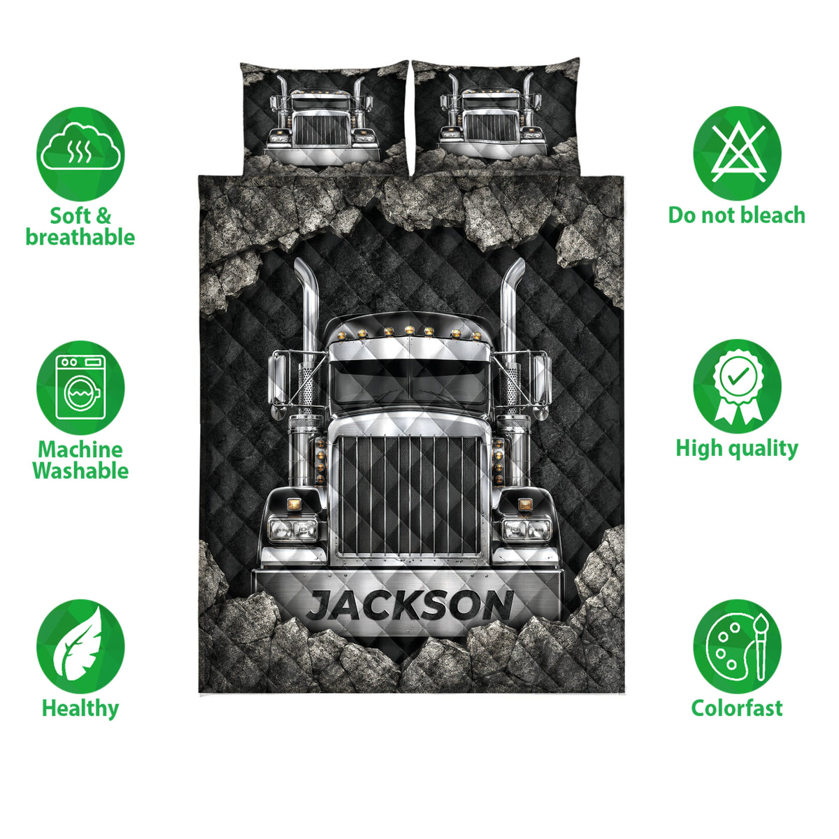 Black trucker quilt bedding set with front-facing semi truck artwork and feature callouts