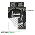 Trucker quilt showing the printed semi truck design and white quilted reverse side