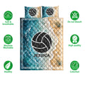 Volleyball quilt bedding set shown with matching pillowcase options and soft, breathable product feature icons