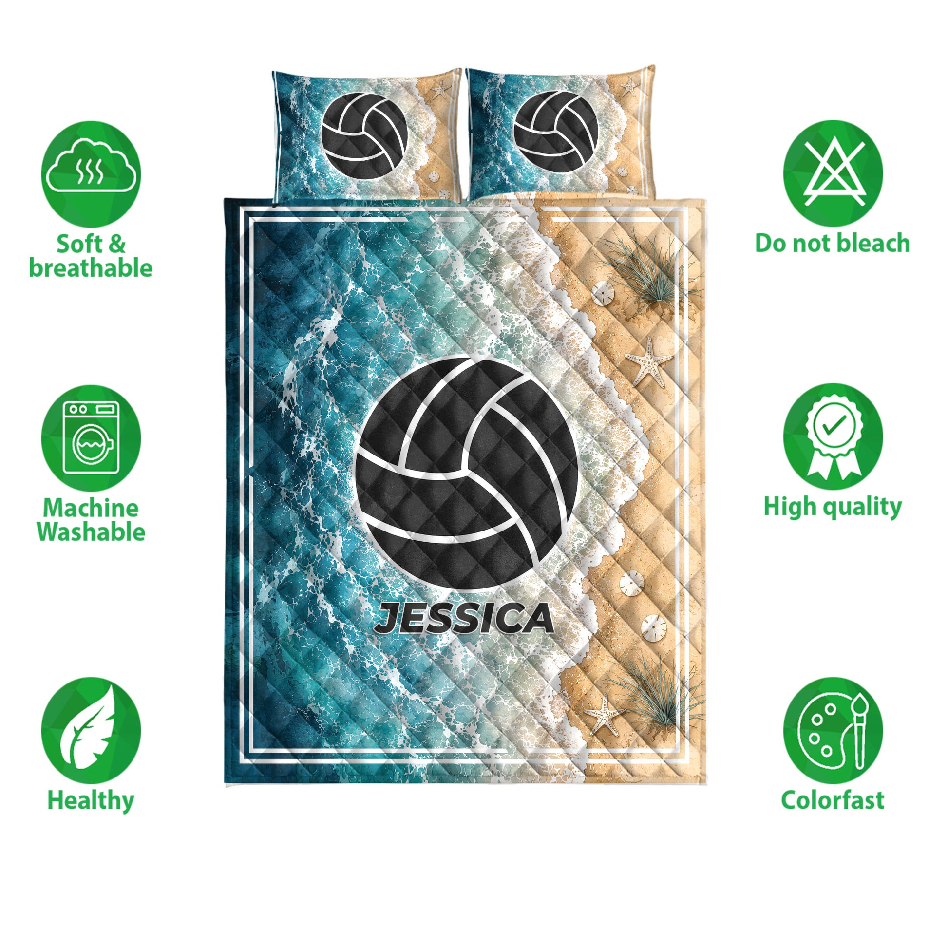 Volleyball quilt bedding set shown with matching pillowcase options and soft, breathable product feature icons