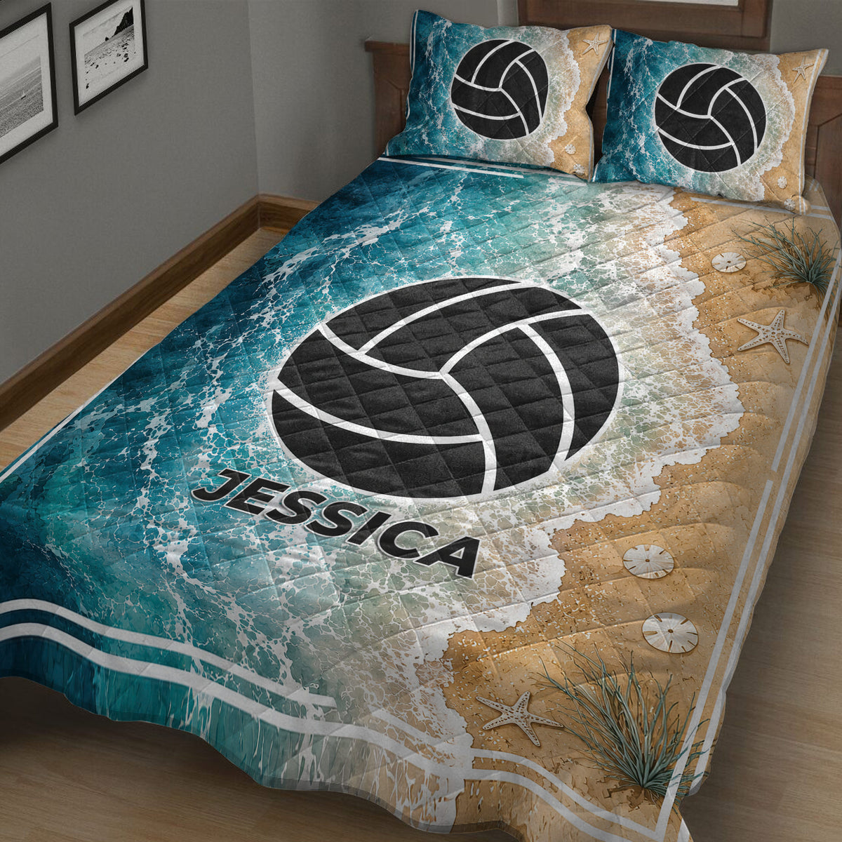 Volleyball quilt bedding set displayed on a bed with large volleyball artwork and coastal beach-inspired colors