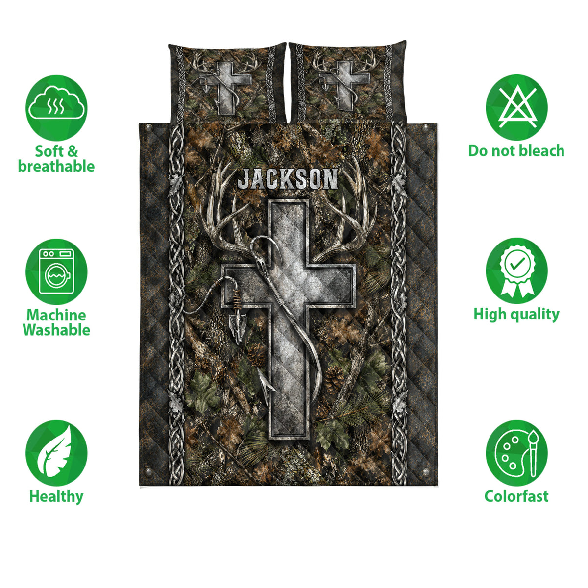 Hunting quilt bedding set shown front-facing with camouflage woodland artwork, deer antlers, and feature icons