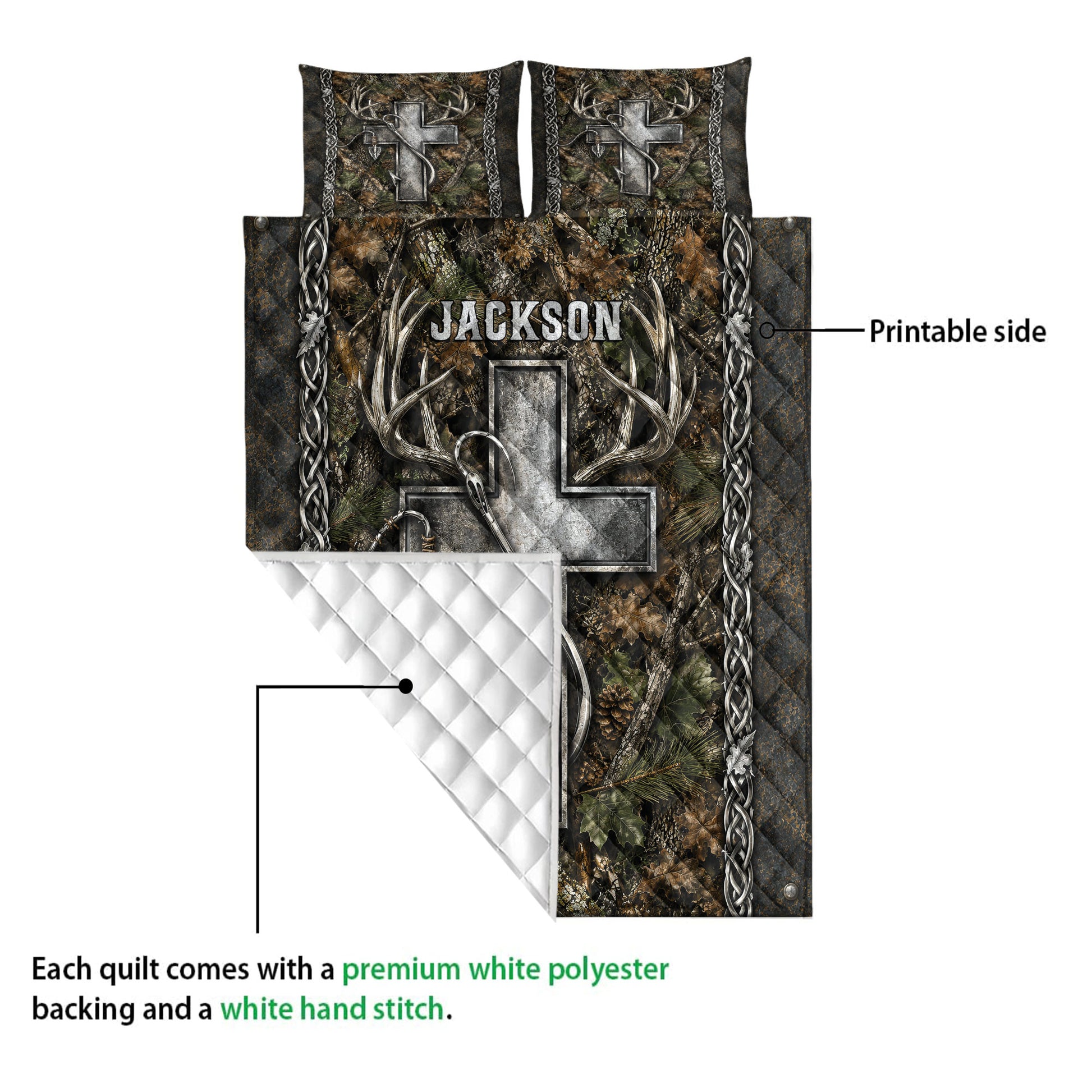 Hunting quilt showing a printed woodland design with deer antlers, arrows, braided borders, and quilted backing