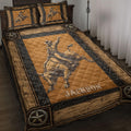 Rodeo quilt blanket on a bed with bull rider artwork, rustic woodgrain borders, stars and Western details
