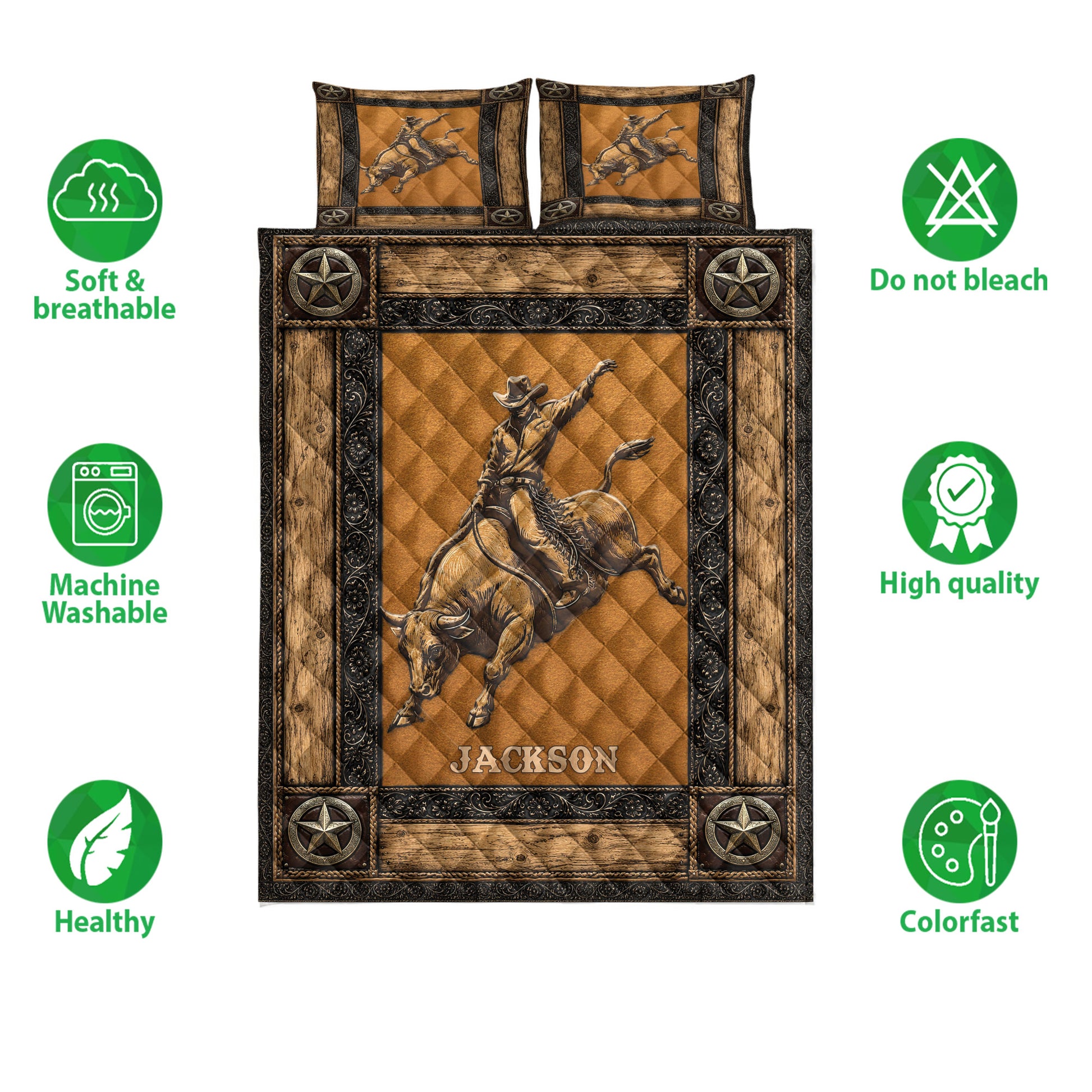 Rodeo quilt bedding set with bull rider artwork, rustic Western styling and feature icons around the design