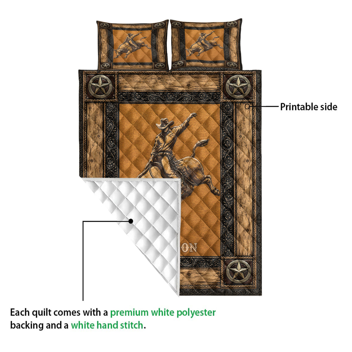 Rodeo quilt blanket detail showing bull rider artwork, printed front and white diamond-stitched backing