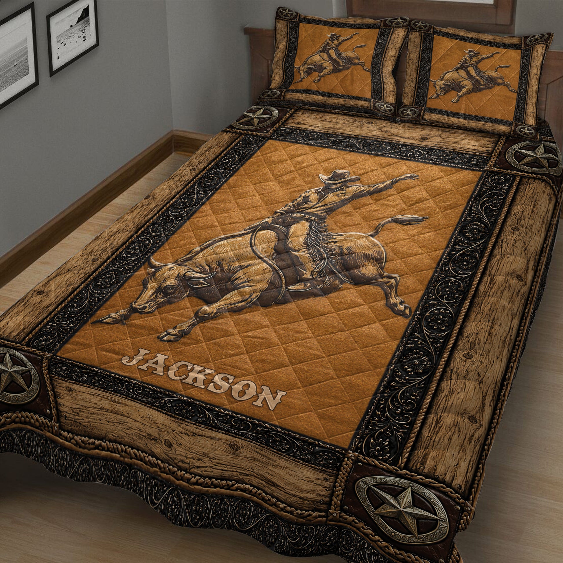 Western rodeo quilt blanket displayed on a bed with detailed bull riding artwork and rustic brown borders