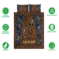 Fishing quilt bedding set shown flat with hook artwork, woodland camouflage design, and product feature icons