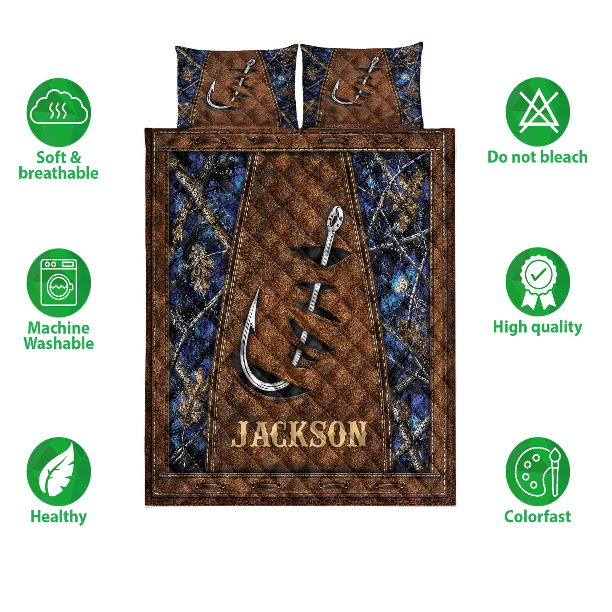 Fishing quilt bedding set shown flat with hook artwork, woodland camouflage design, and product feature icons