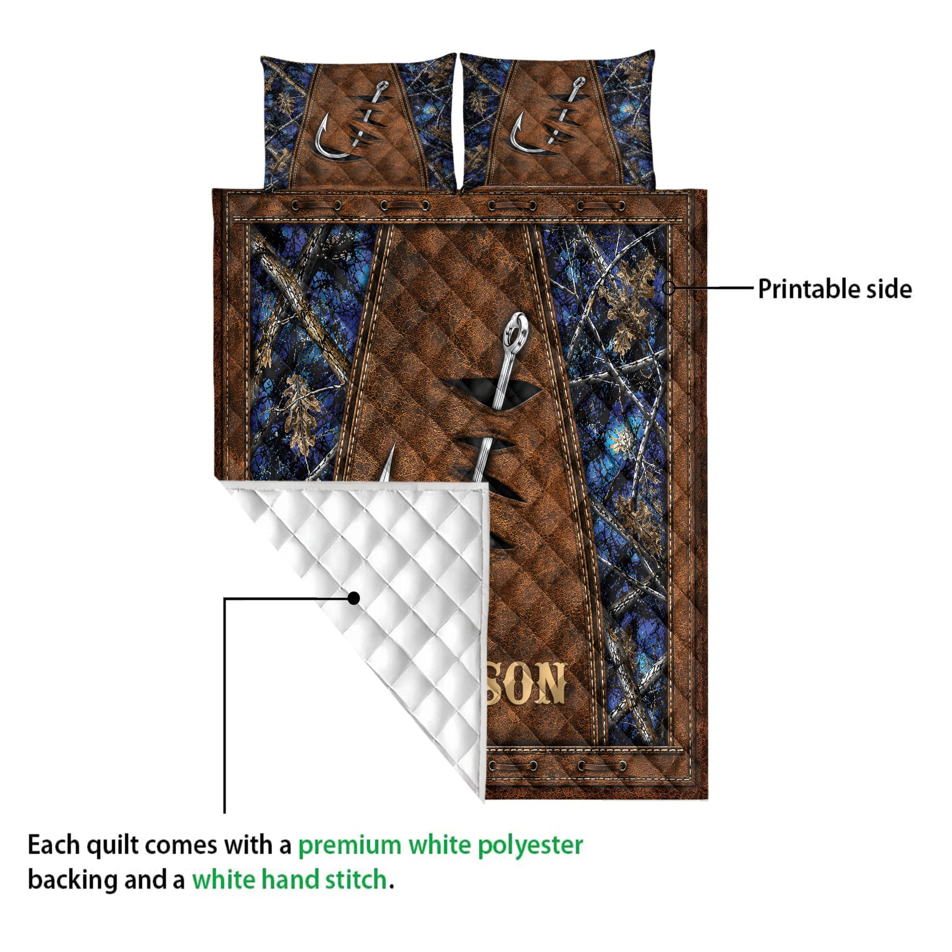 Fishing quilt showing its printed hook design and white quilted backing in a close product construction view