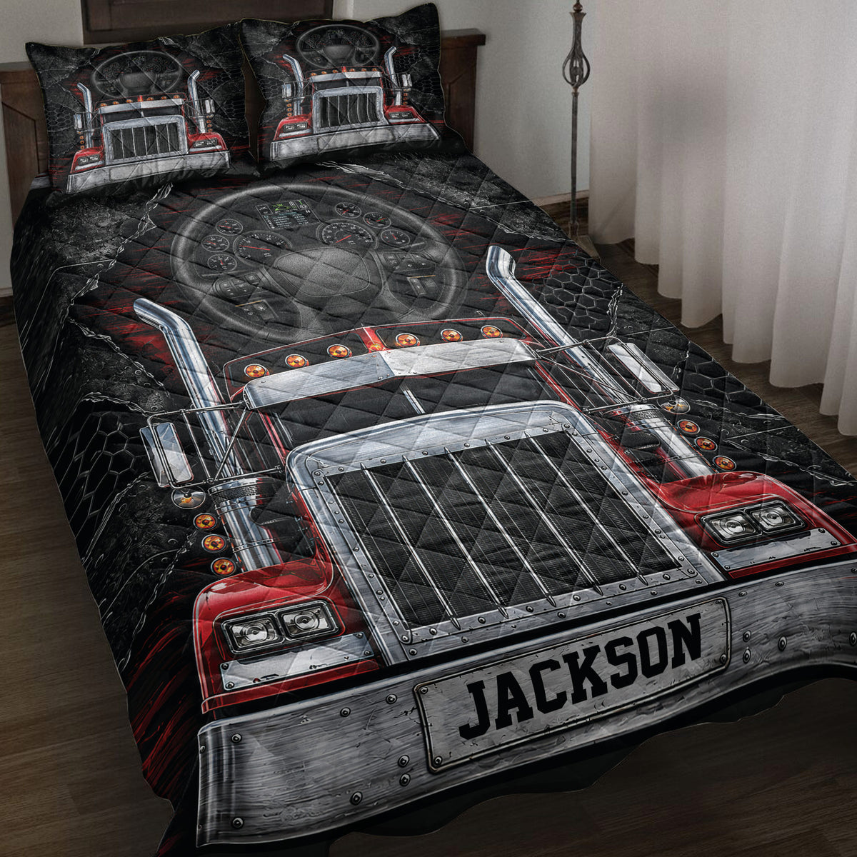 Trucker quilt bedding set displayed on a bed with red semi truck artwork and dashboard details