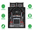 Trucker quilt blanket and pillowcases shown with red semi truck design and product feature icons