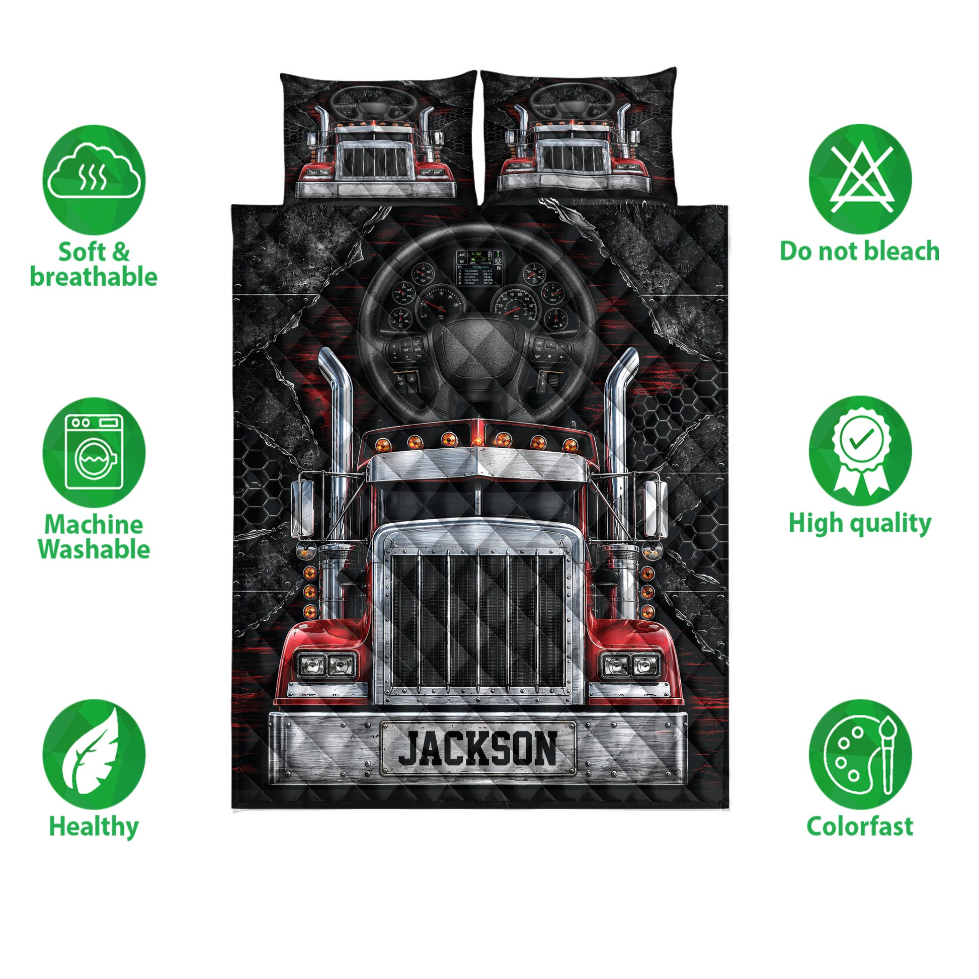 Trucker quilt blanket and pillowcases shown with red semi truck design and product feature icons