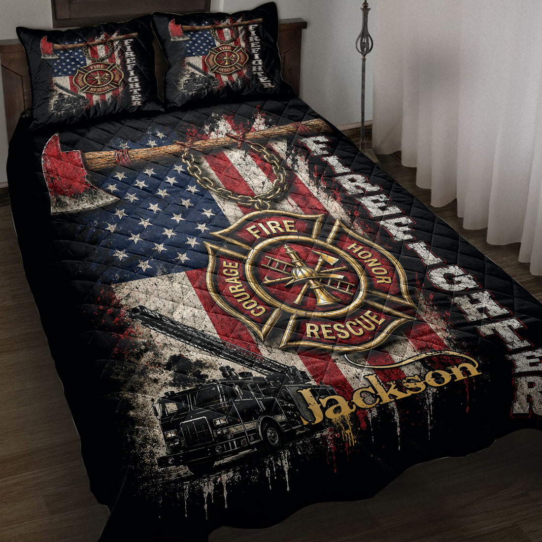 Firefighter quilt bedding set displayed on a bed with patriotic flag, rescue emblem, axe, and fire truck artwork