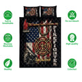 Firefighter quilt blanket with patriotic rescue artwork, fire truck, axe, and quilt care feature icons