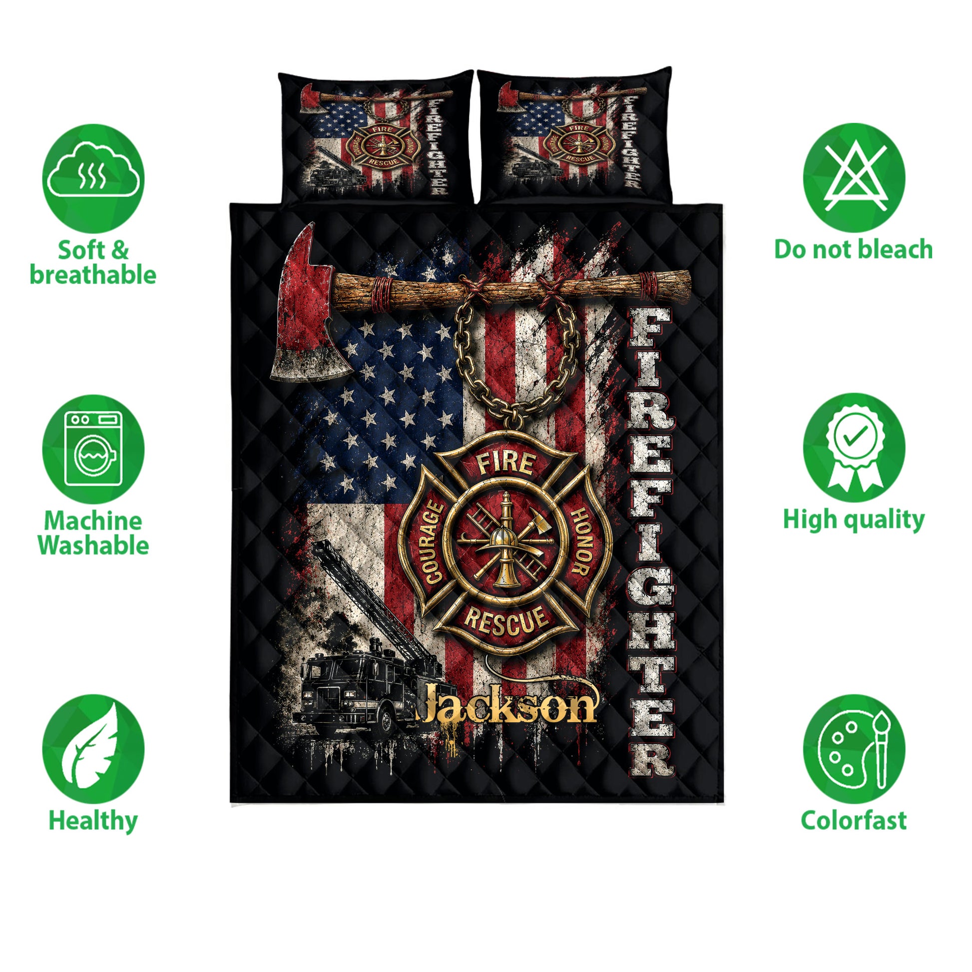 Firefighter quilt blanket with patriotic rescue artwork, fire truck, axe, and quilt care feature icons