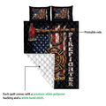 Firefighter quilt showing the printed front and white quilted reverse backing