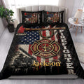 Firefighter quilt blanket styled in a bedroom with bold red, black, and patriotic rescue artwork