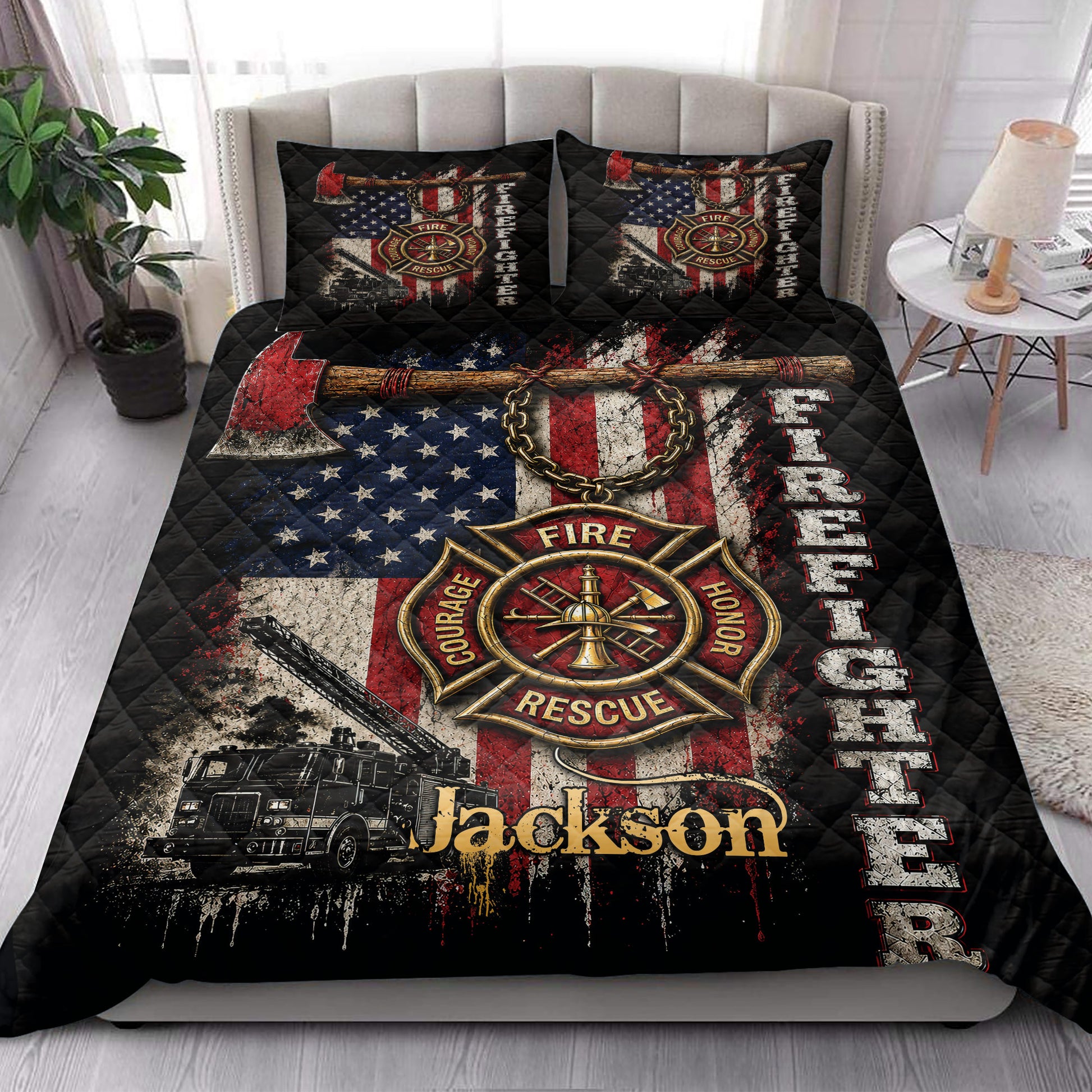 Firefighter quilt blanket styled in a bedroom with bold red, black, and patriotic rescue artwork
