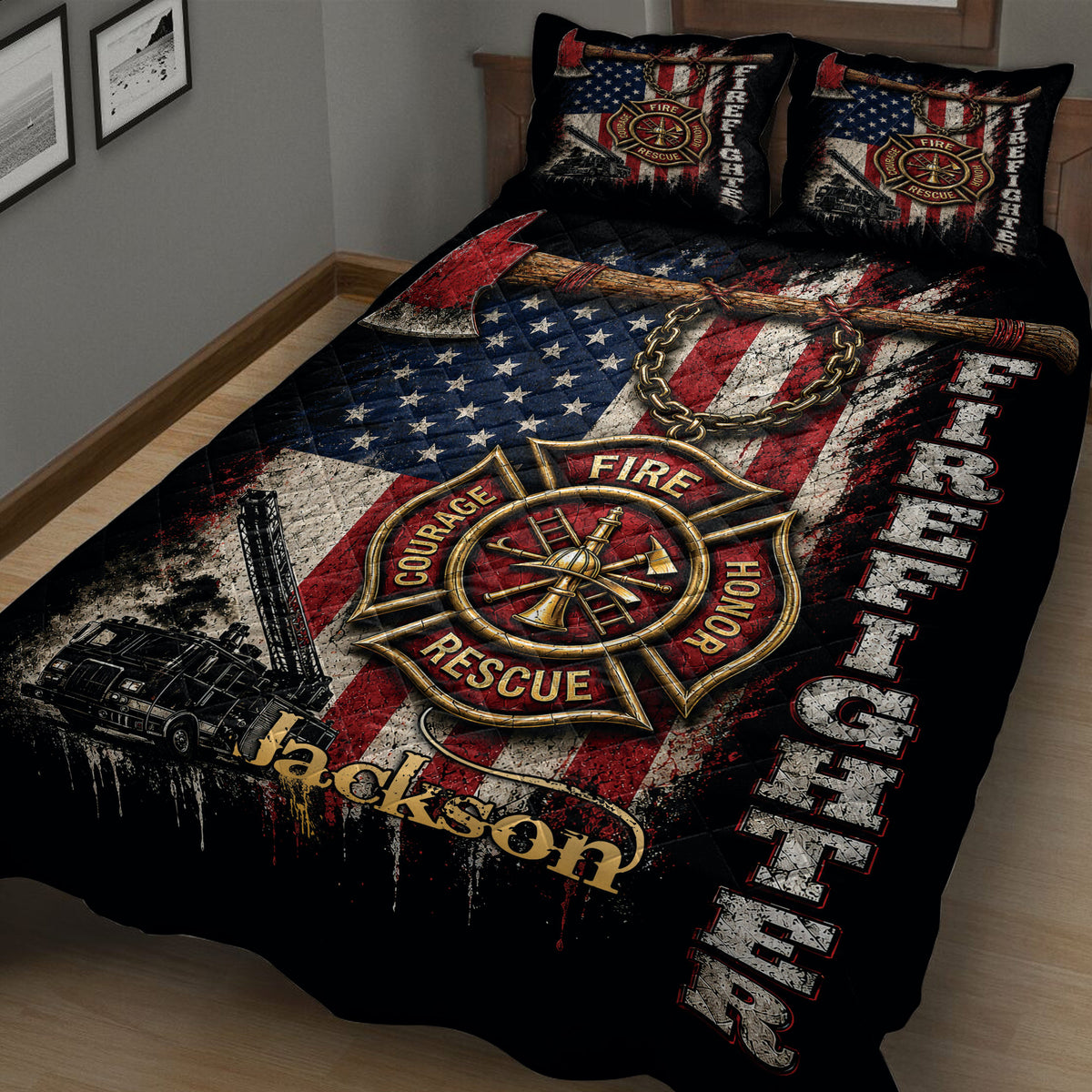 Close bedroom view of firefighter quilt featuring a rescue emblem, axe, fire truck, and patriotic design