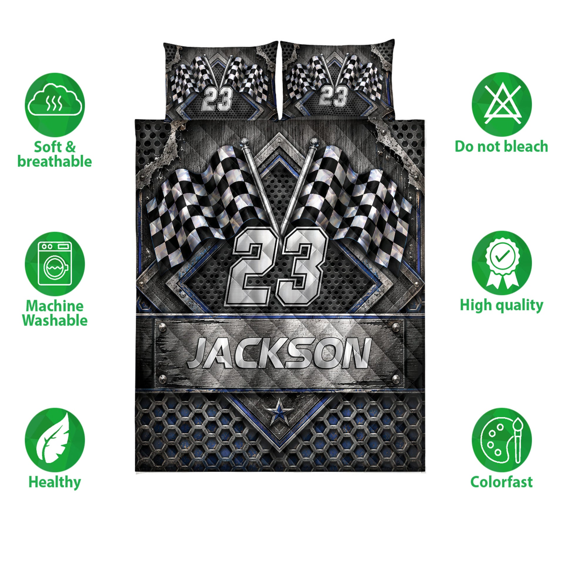Racing quilt bedding set shown front-facing with checkered flag artwork and bold black, white, and blue details