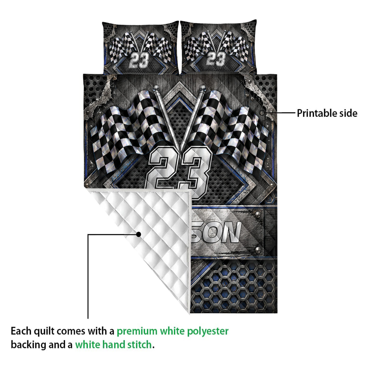 Racing quilt blanket detail showing the printed checkered flag side and white quilted backing