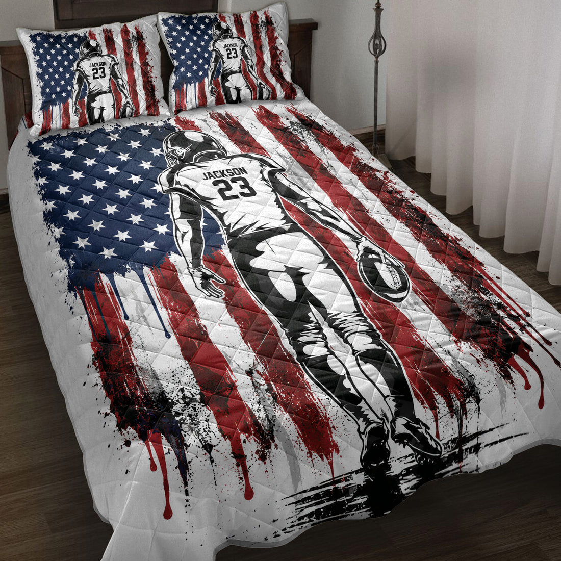 American football quilt bedding set displayed on a bed with patriotic red, white and blue artwork