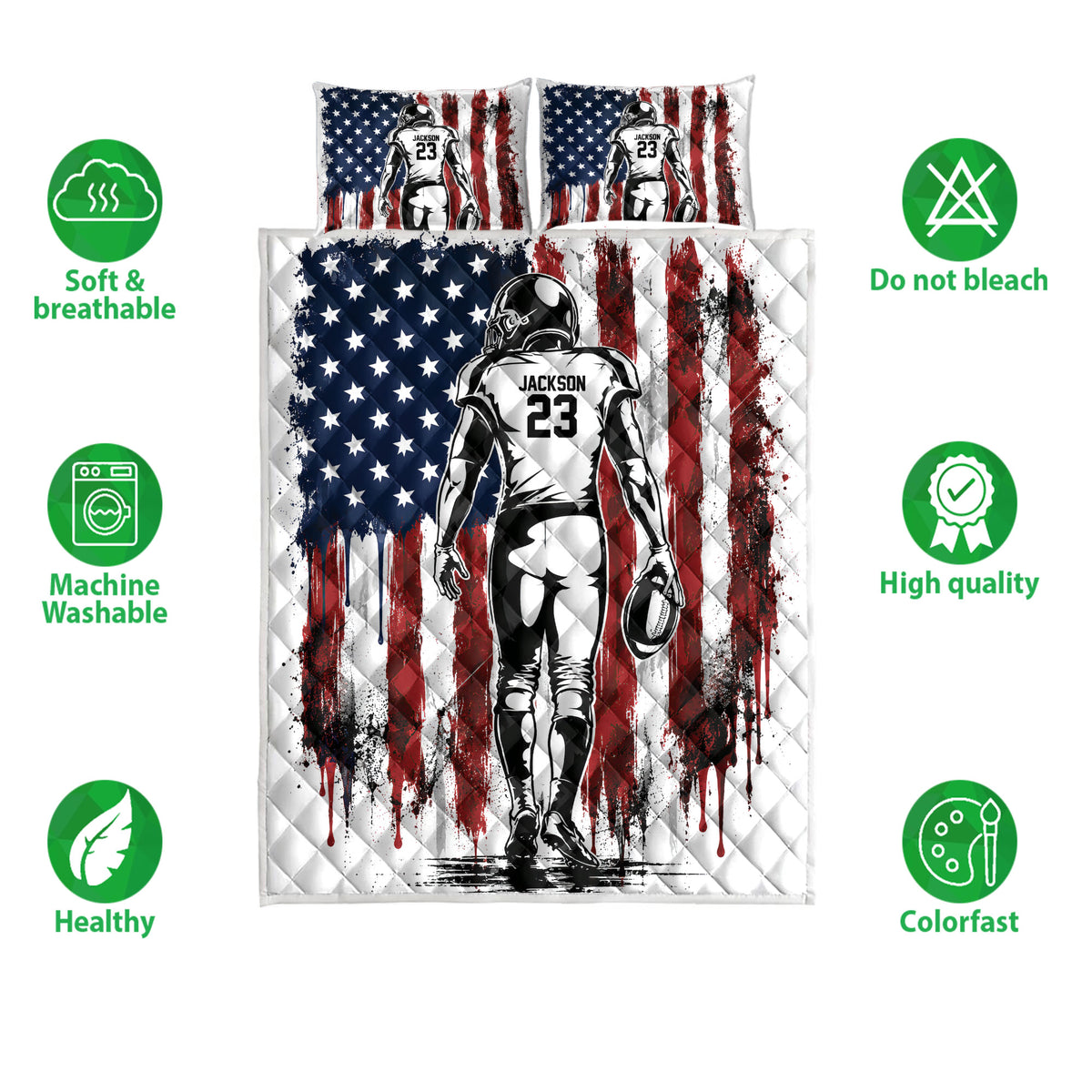 American football player quilt blanket with patriotic flag artwork and product feature icons