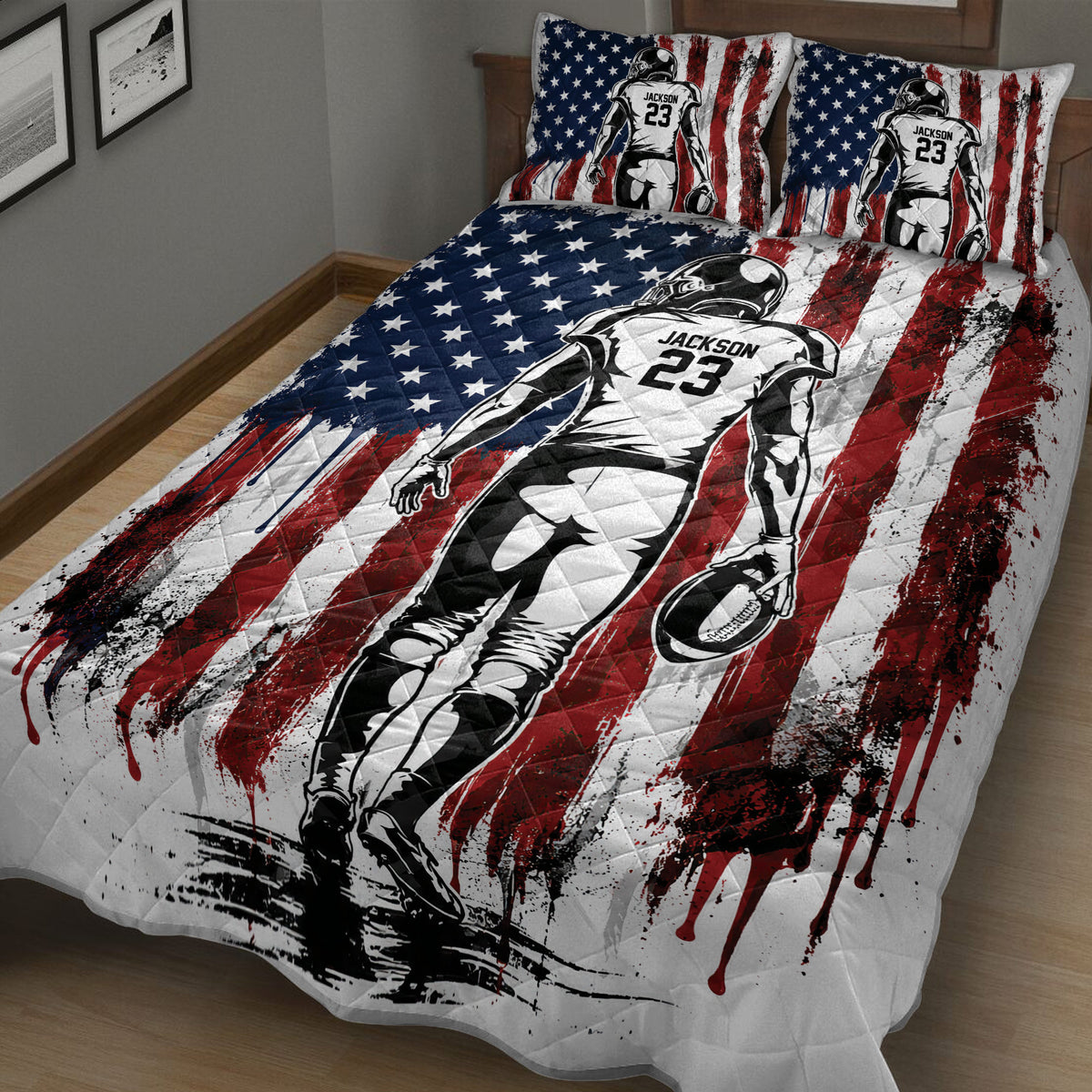 American football quilt blanket spread across a bed with bold red, white and blue graphics