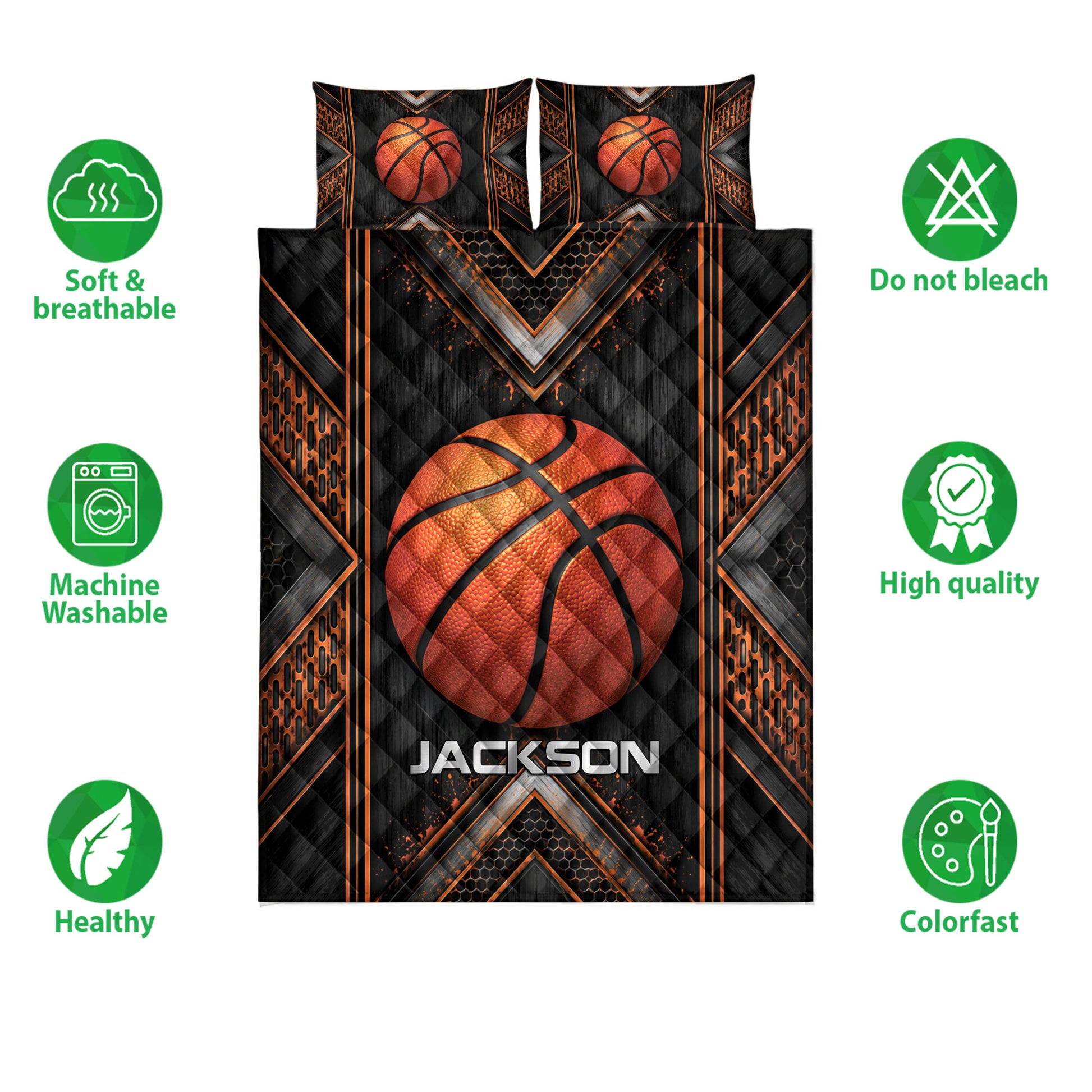 Basketball quilt bedding set displayed flat with orange basketball artwork and black geometric borders