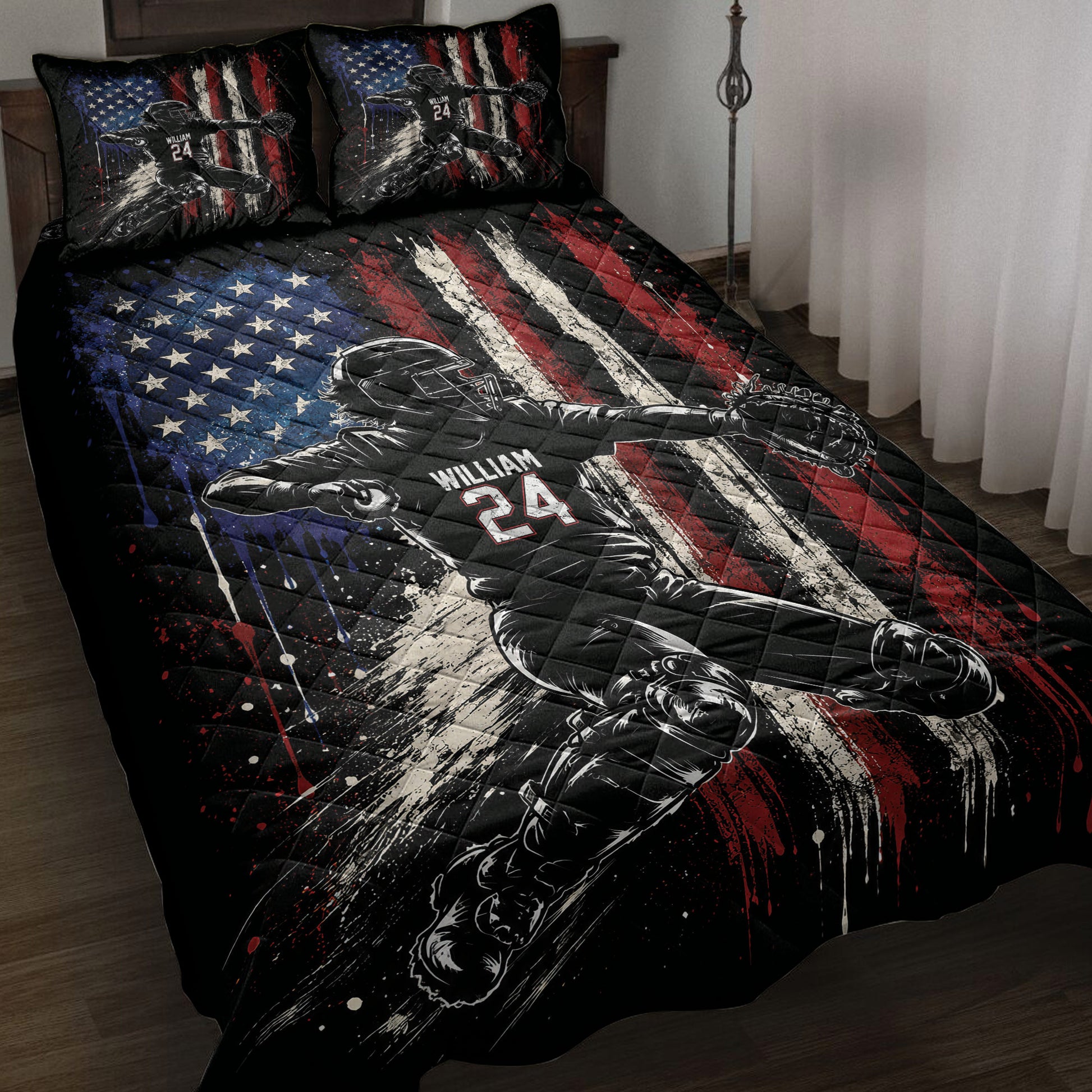Baseball quilt blanket displayed on a bed with a dramatic player illustration and patriotic red, white, and blue artwork