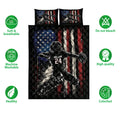 Baseball quilt bedding set shown with matching player artwork, patriotic colors, and product feature icons