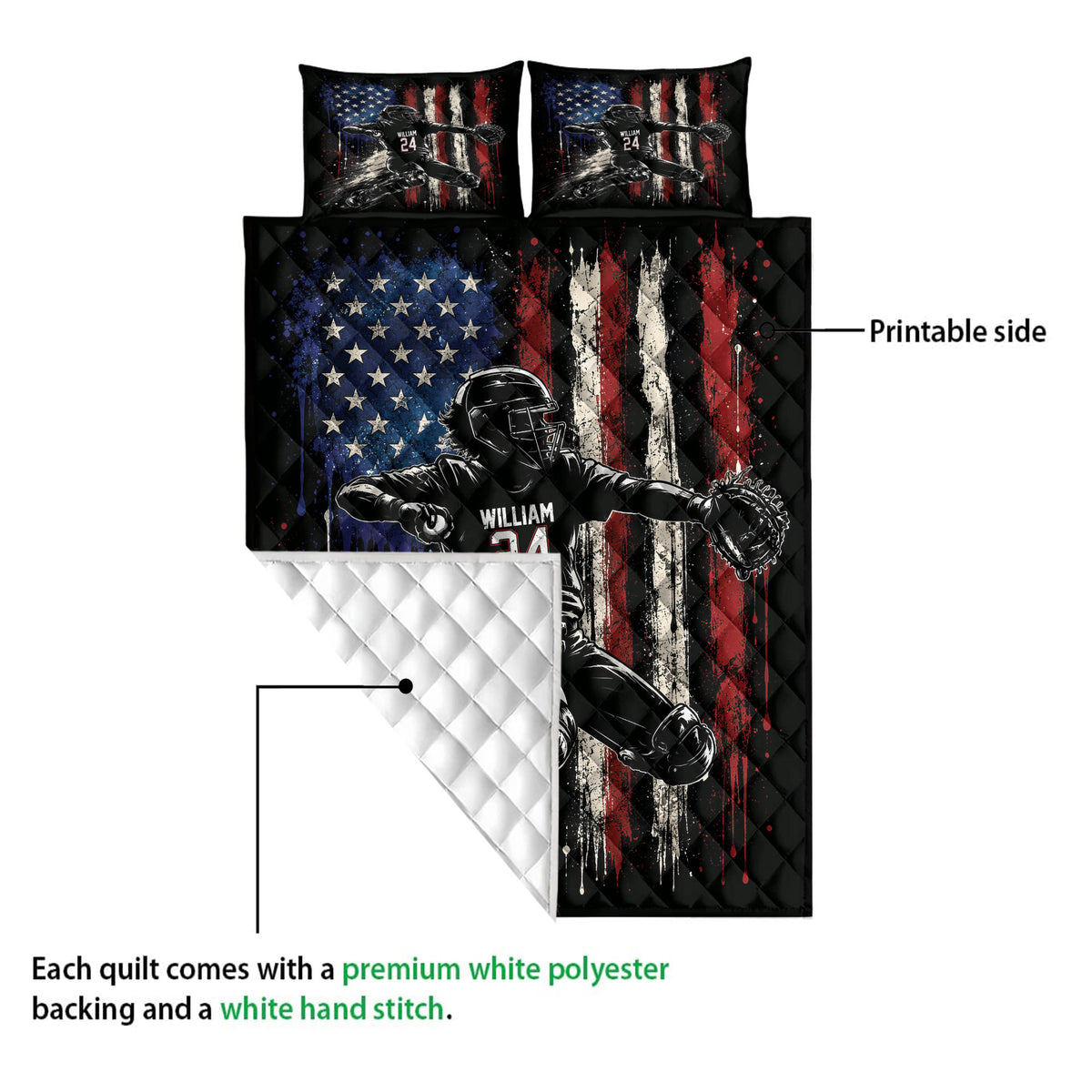 Baseball quilt showing the printed player design, quilted backing, and overall bedding construction