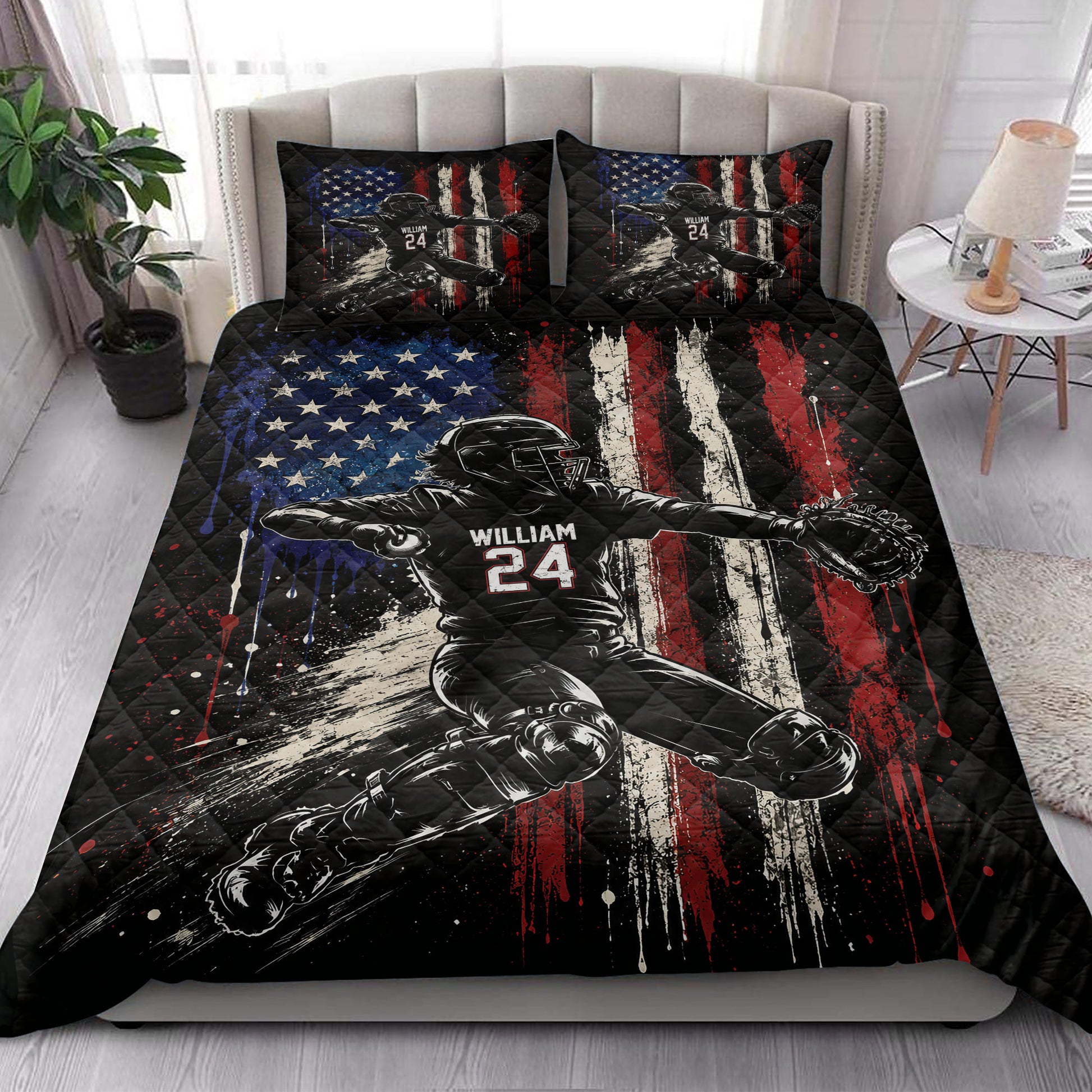 Baseball quilt blanket styled in a bright bedroom with bold player artwork and patriotic flag-inspired colors