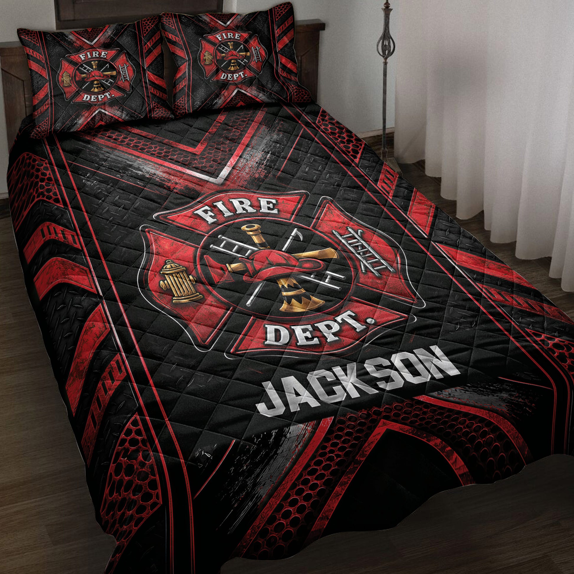 Firefighter quilt blanket displayed on a bed with bold red and black fire department crest artwork