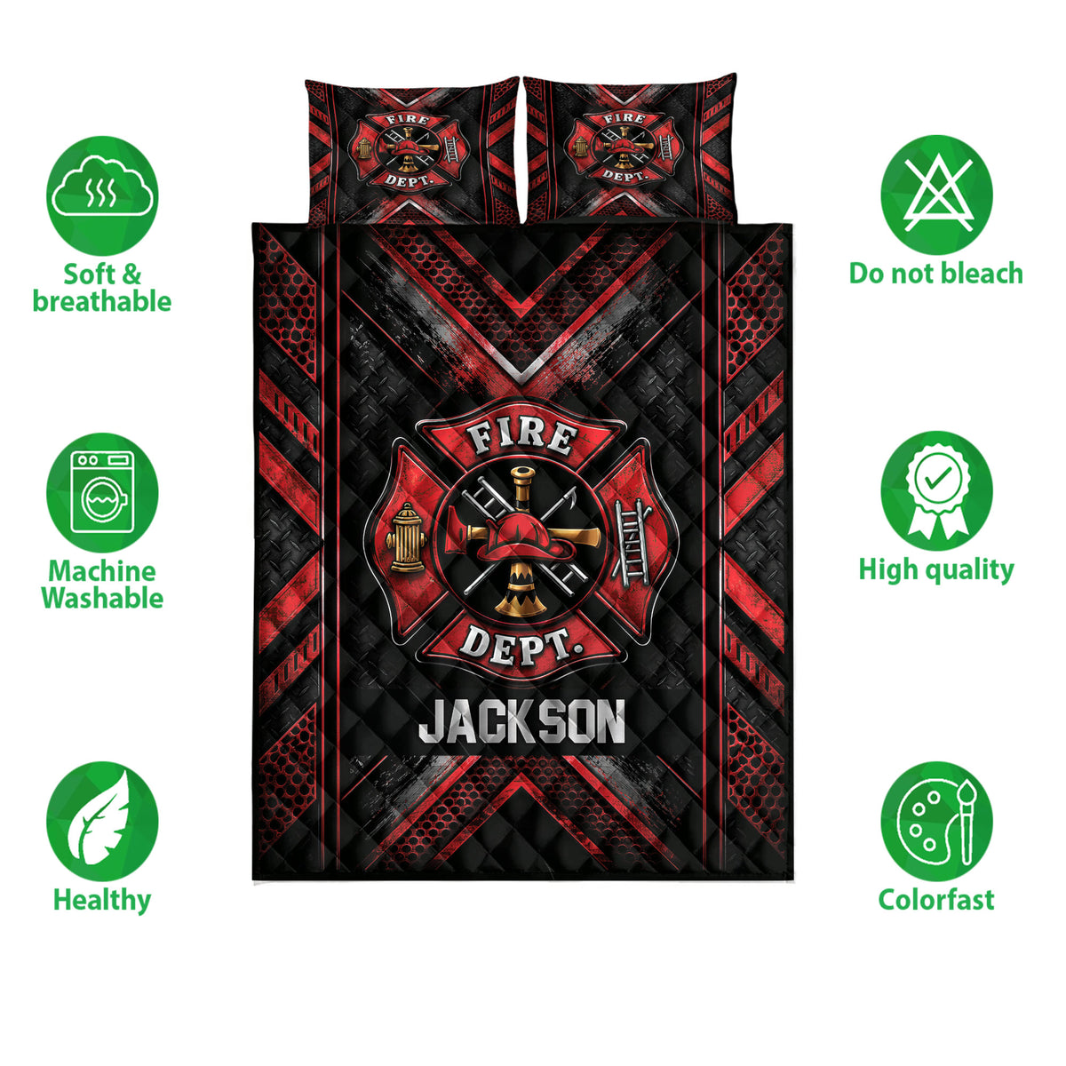Firefighter quilt bedding set shown with red and black crest design and product feature icons