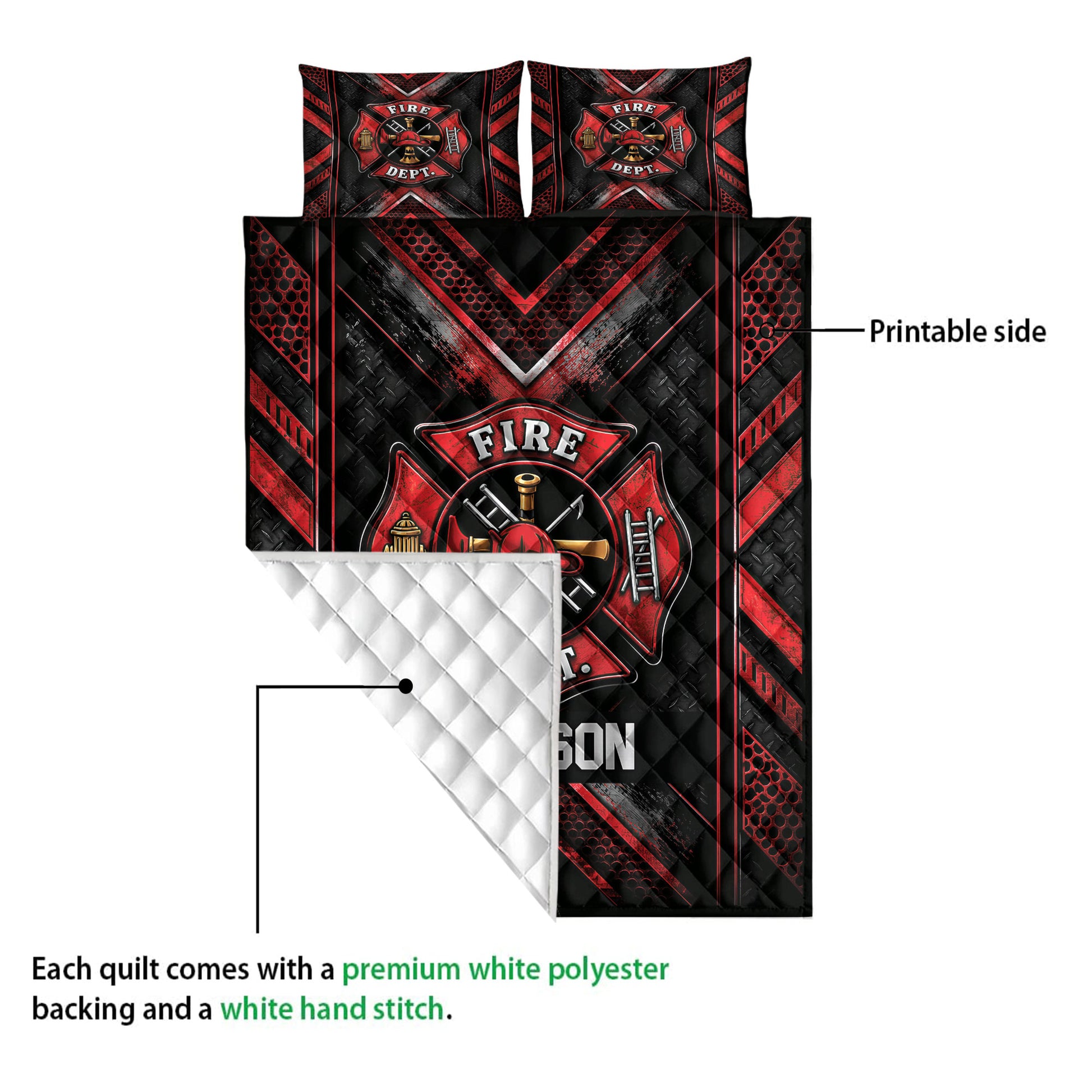 Firefighter quilt blanket showing the printed front and white quilted backing detail