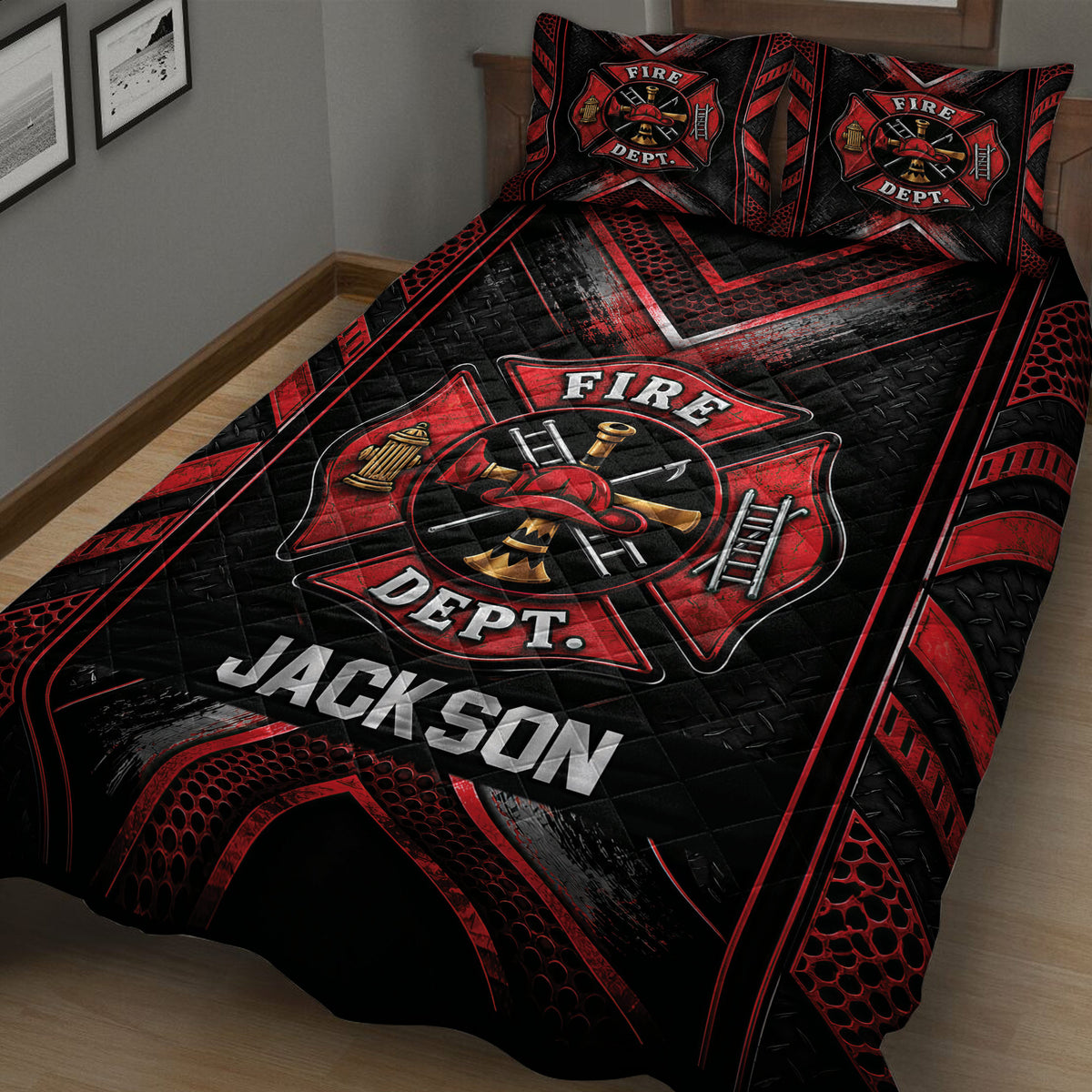 Angled bedroom view of a firefighter quilt blanket with helmet, ladder, hydrant, and crest artwork