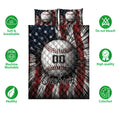 Baseball quilt bedding set shown with matching baseball pillows and product feature icons