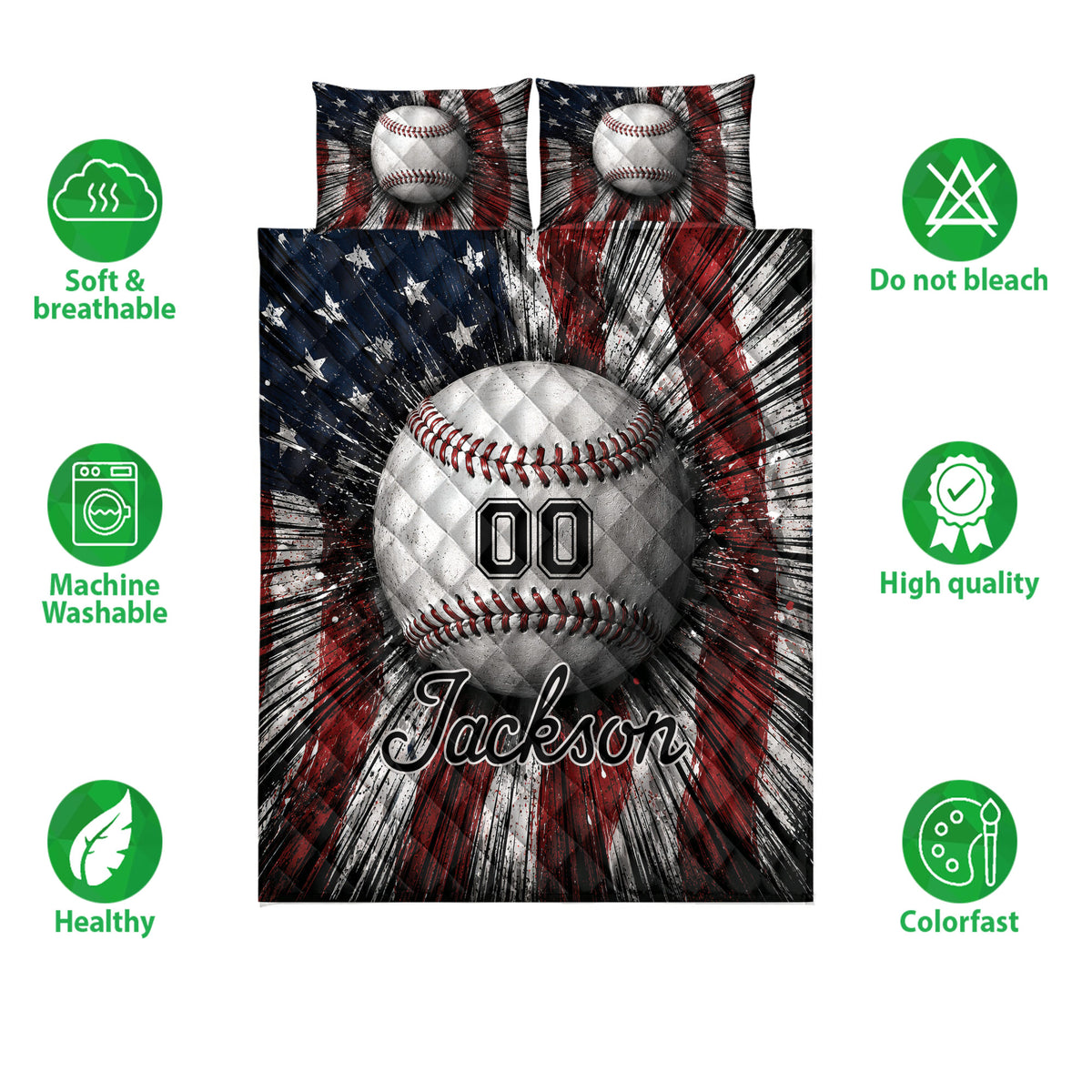 Baseball quilt bedding set shown with matching baseball pillows and product feature icons