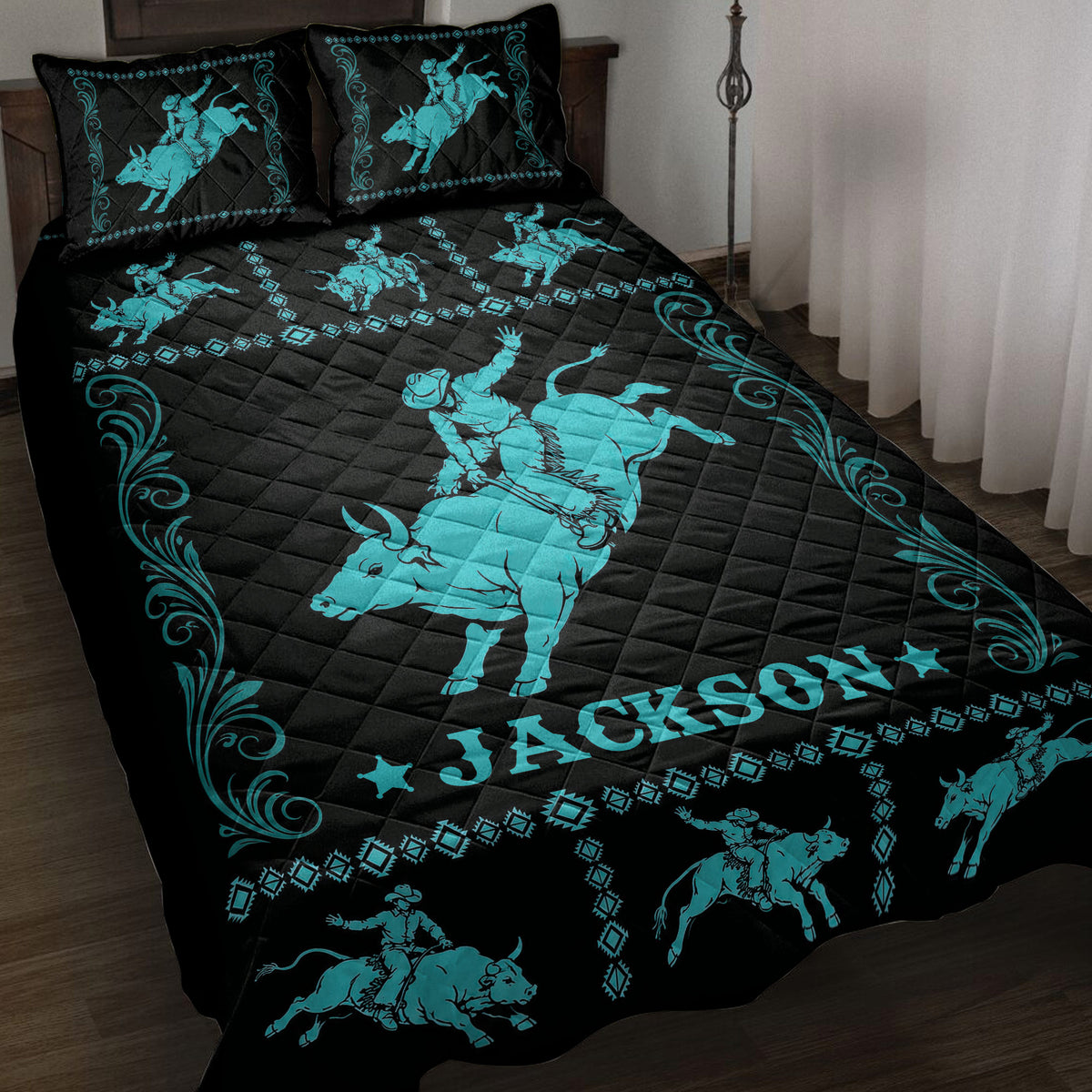 Black rodeo quilt bedding set with turquoise bull riders, bucking bulls, western motifs, and pillowcases