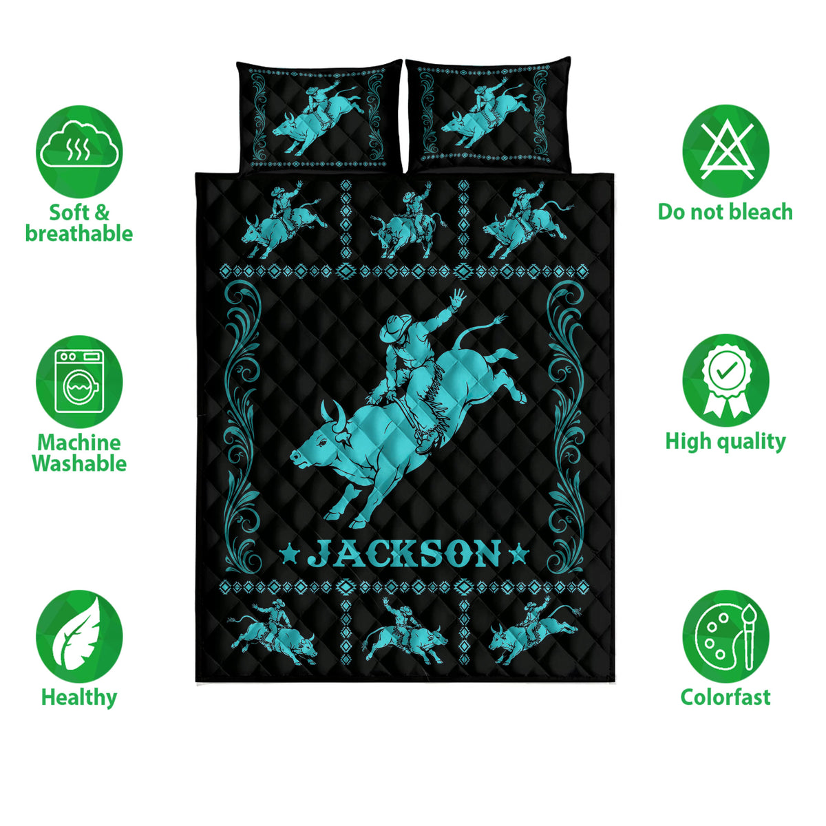 Rodeo quilt bed set displayed with turquoise bull riding artwork, black background, and product feature icons