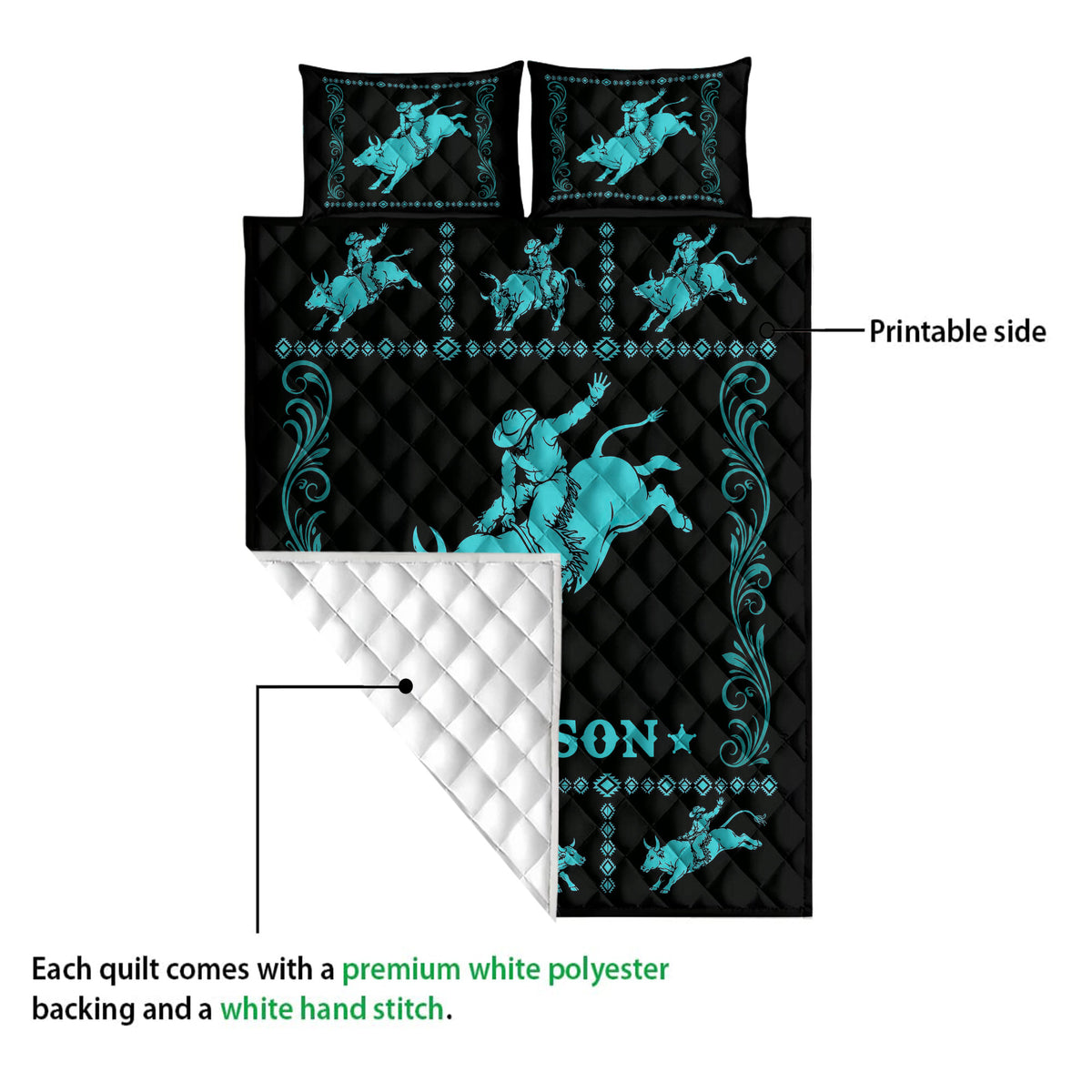 Rodeo quilt showing a turquoise bull riding design, printed front, and white quilted backing