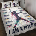 Softball quilt blanket bedding set displayed on a bed with colorful female pitcher artwork and motivational sports design