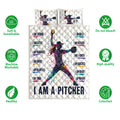 Softball quilt bedding set shown with colorful pitcher artwork, quilted texture, and product feature icons